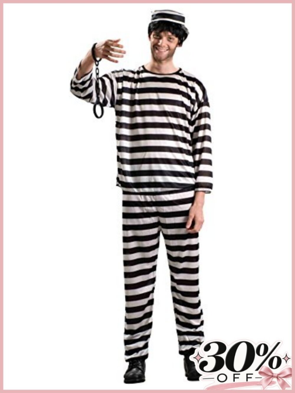 Men's Prisoner Costume Hat Shirt Pants Set Halloween Cosplay